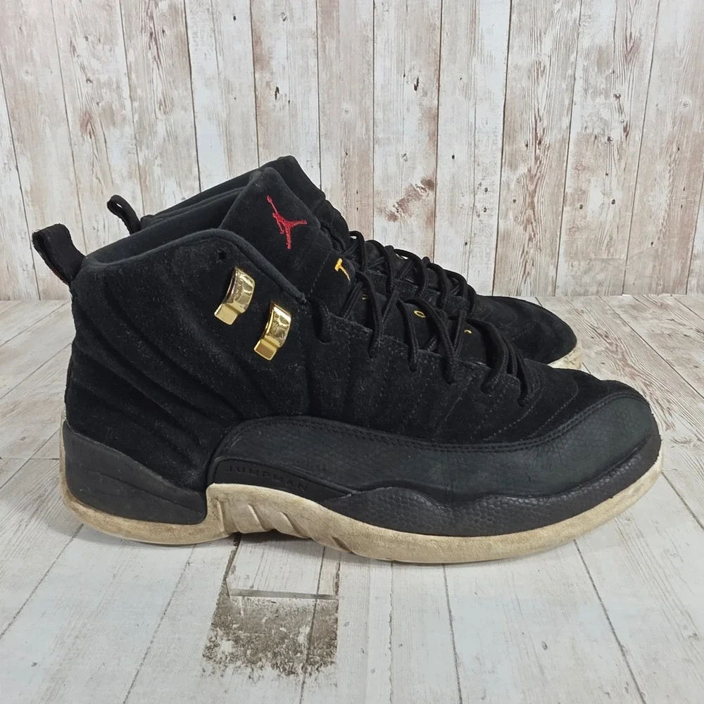Jordan‎ 12 Retro Reverse Taxi Black Suede Gold 130690-017 Mens Size 9